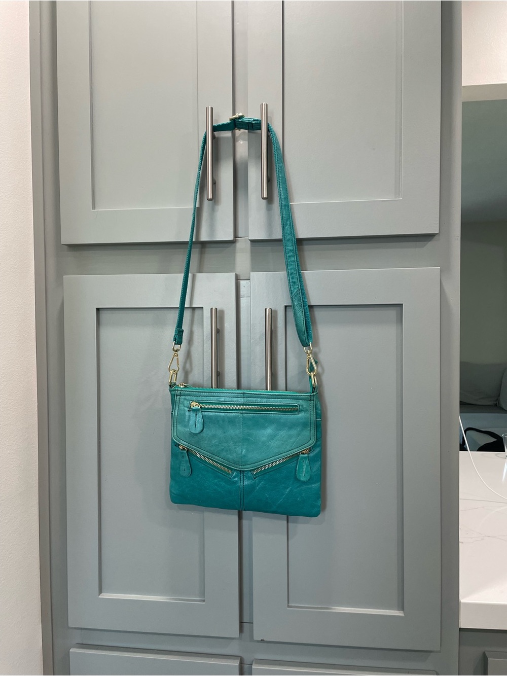 Turquoise Crossbody Bag with Multiple Zips - Women's Everyday Shoulder Bag